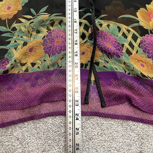 Chadwicks Blouse Button Up Top womens Medium Black Purple Sheer Tropical Floral - Picture 10 of 11